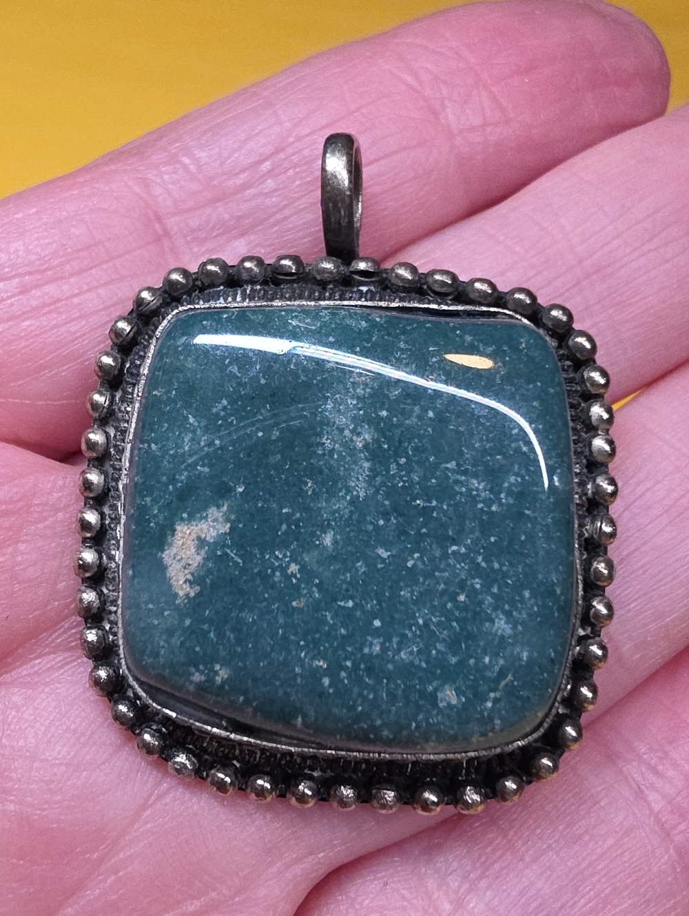 Vintage Handmade Silver or Silver-Tone Pendant Featuring Square-Cut Green Stone